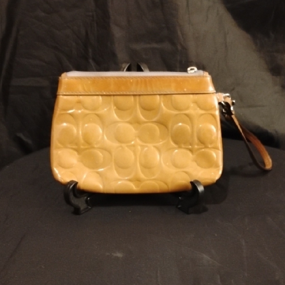 Vintage Coach Tan Patent Leather Wristlet with Signature Embossing